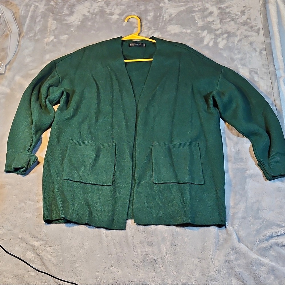 MEROKEETY Green Solid Knit Open Front Cardigan Sweater Long Sleeve Women 2XL